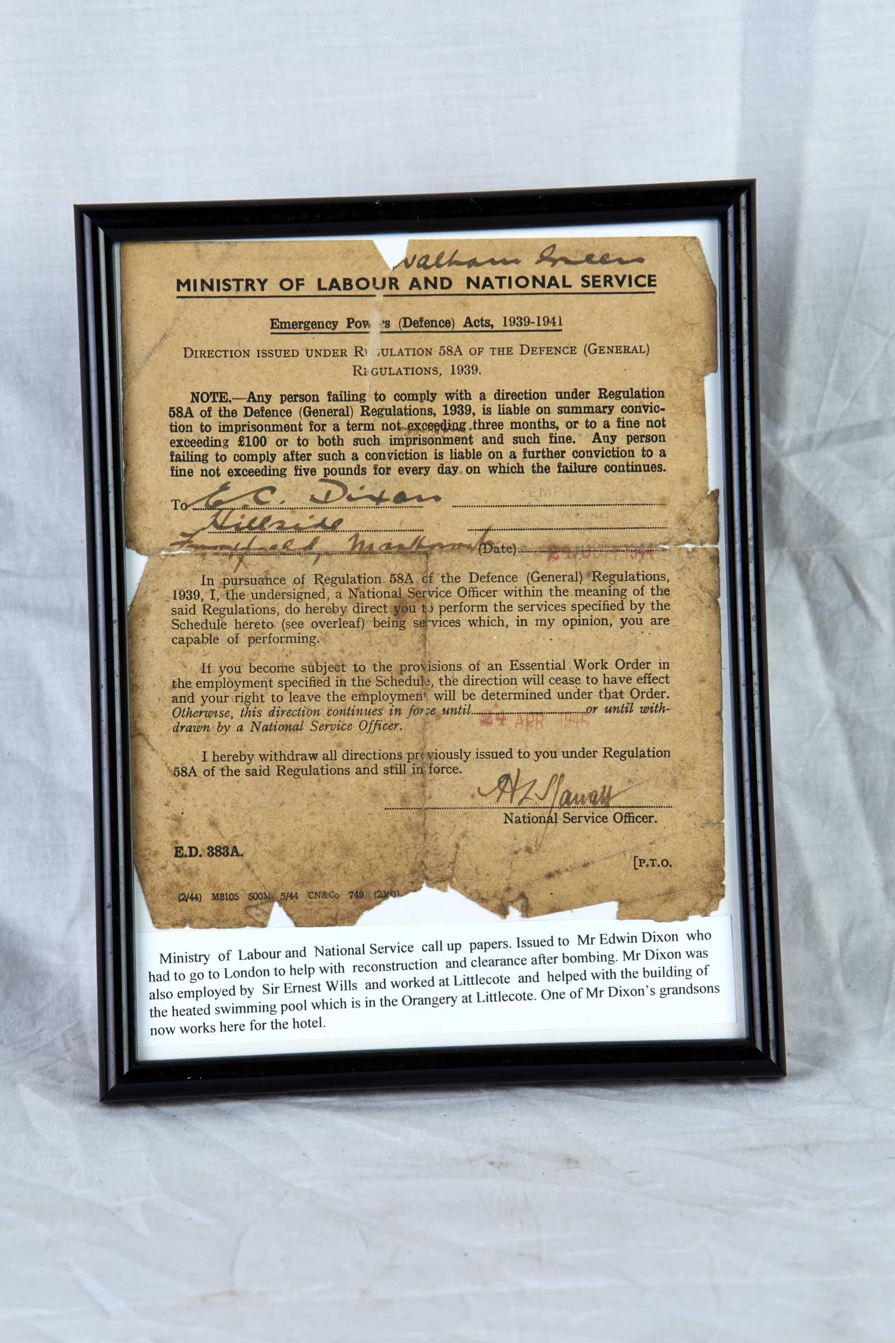 Ministry of Labour Call up Papers